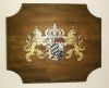 Untergrund Holz, Ausfhrung Pinsel und Malstock, Stupftechnik, Leinl versiegelt
Holzschild mit Wappen
Werbetechnik fr Freising, Dachau und Ingolstadt